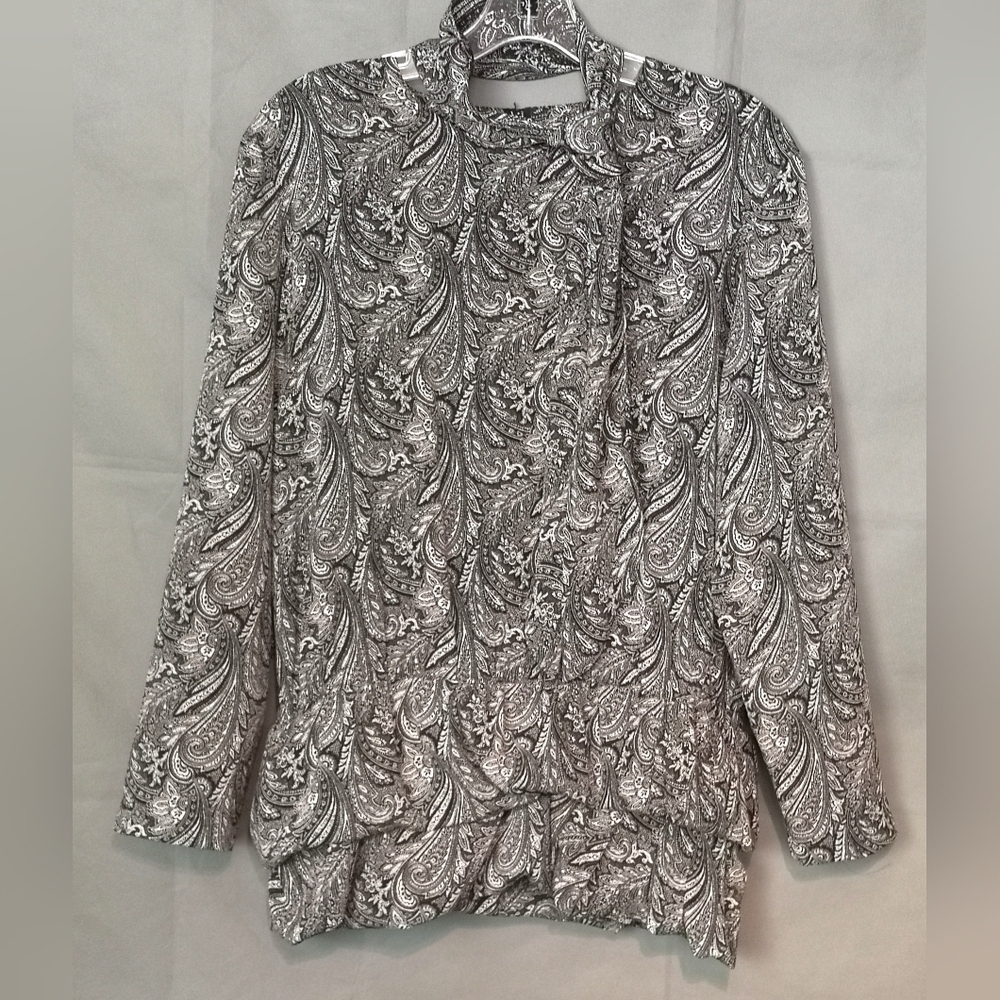 Neo-Vintage black white paisley print drop waist 2-tier bubble hem tunic w/bow